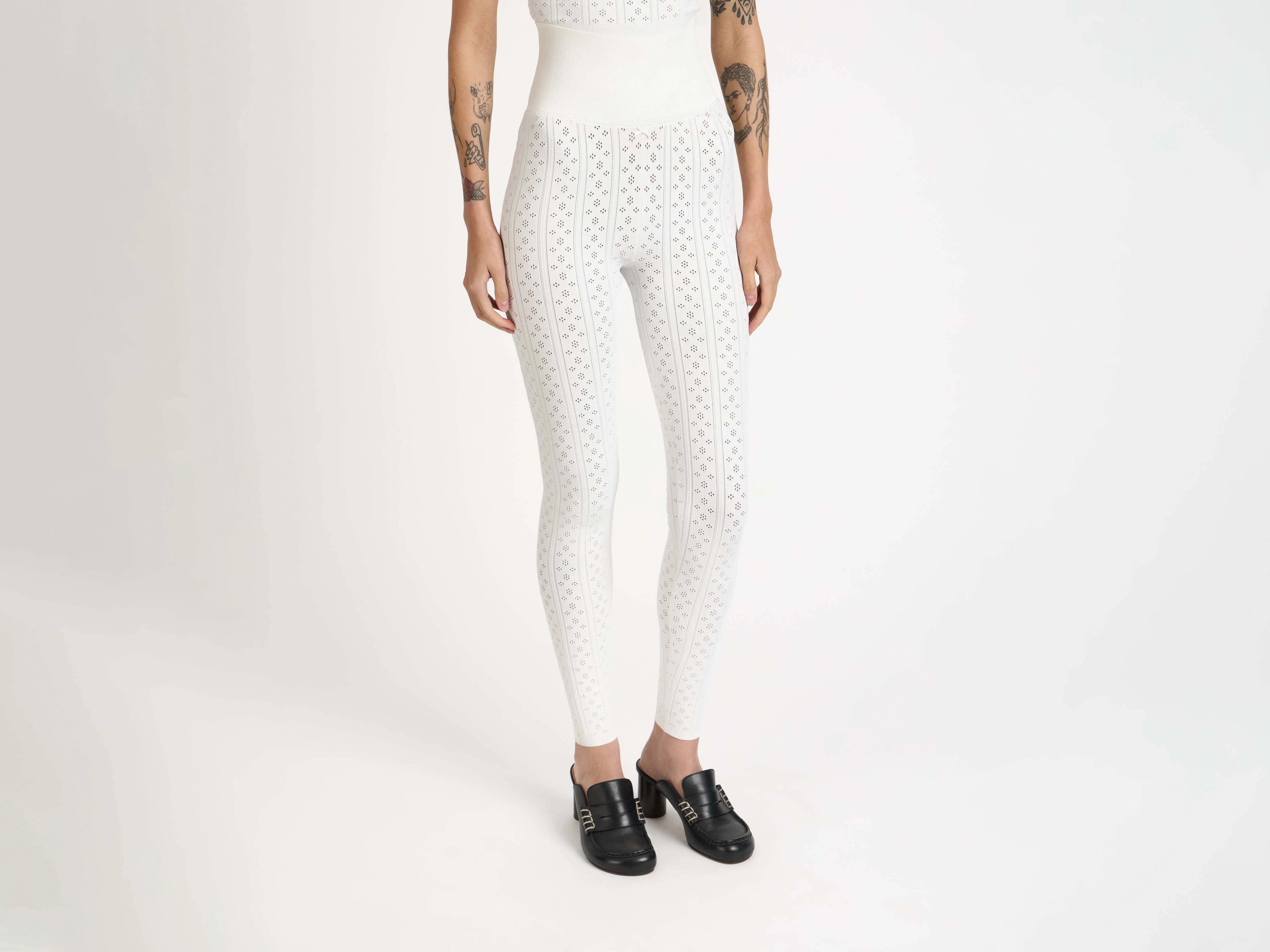 WOMENS KNITTED POINTELLE LEGGINGS IN WHITE - Image 3